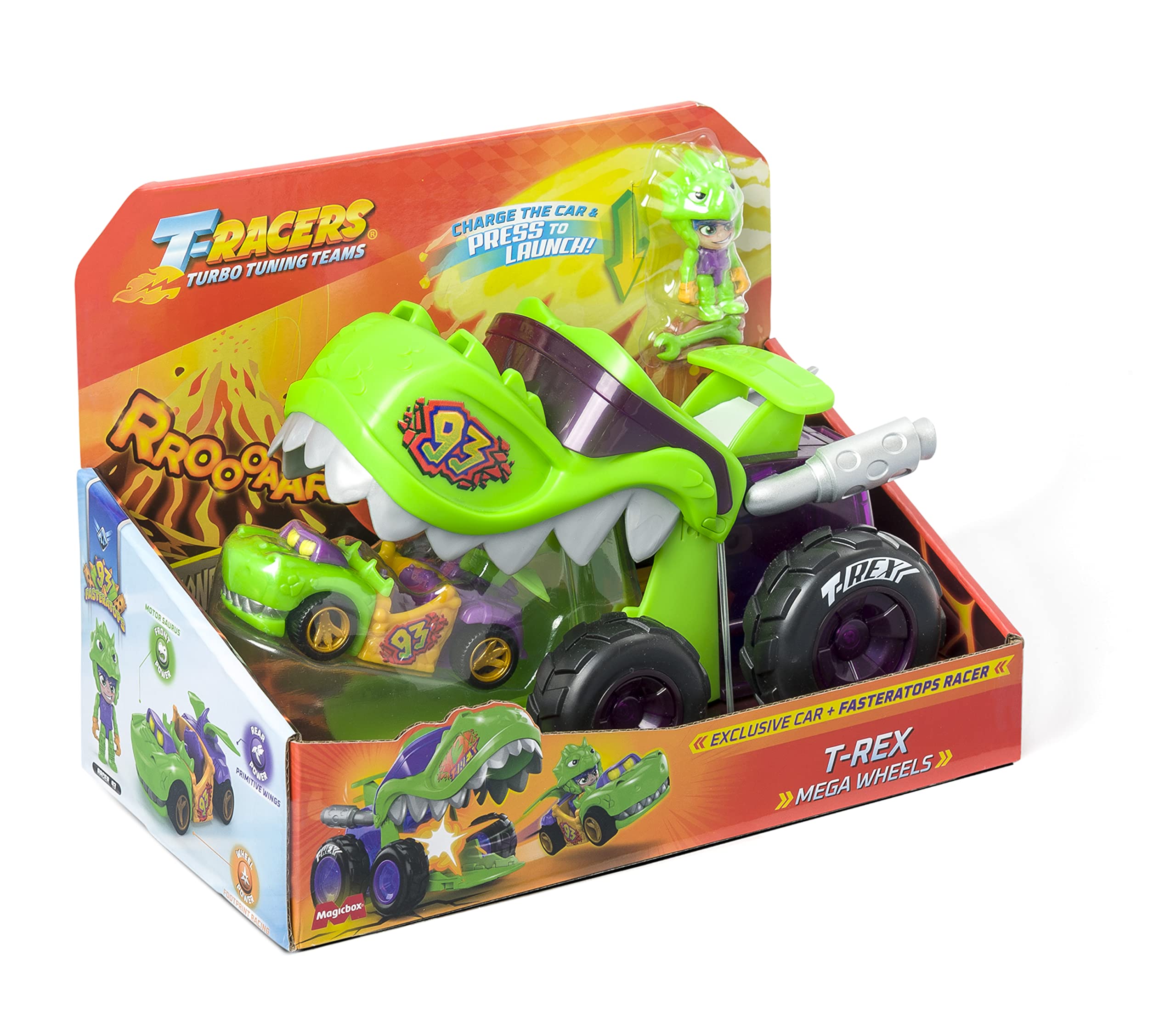 Mega Wheels T-Rex – Vehicle launcher with 1 exclusive driver and 1 exclusive vehicle. Compatible with other T-Racer cars