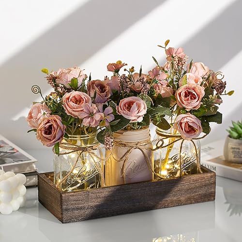 Miniatura 2 de 3 piezas de decoración de mesa de tarro Mason para decoración de mesa de comedor, decoración de mesa de café de granja con bandeja de madera y