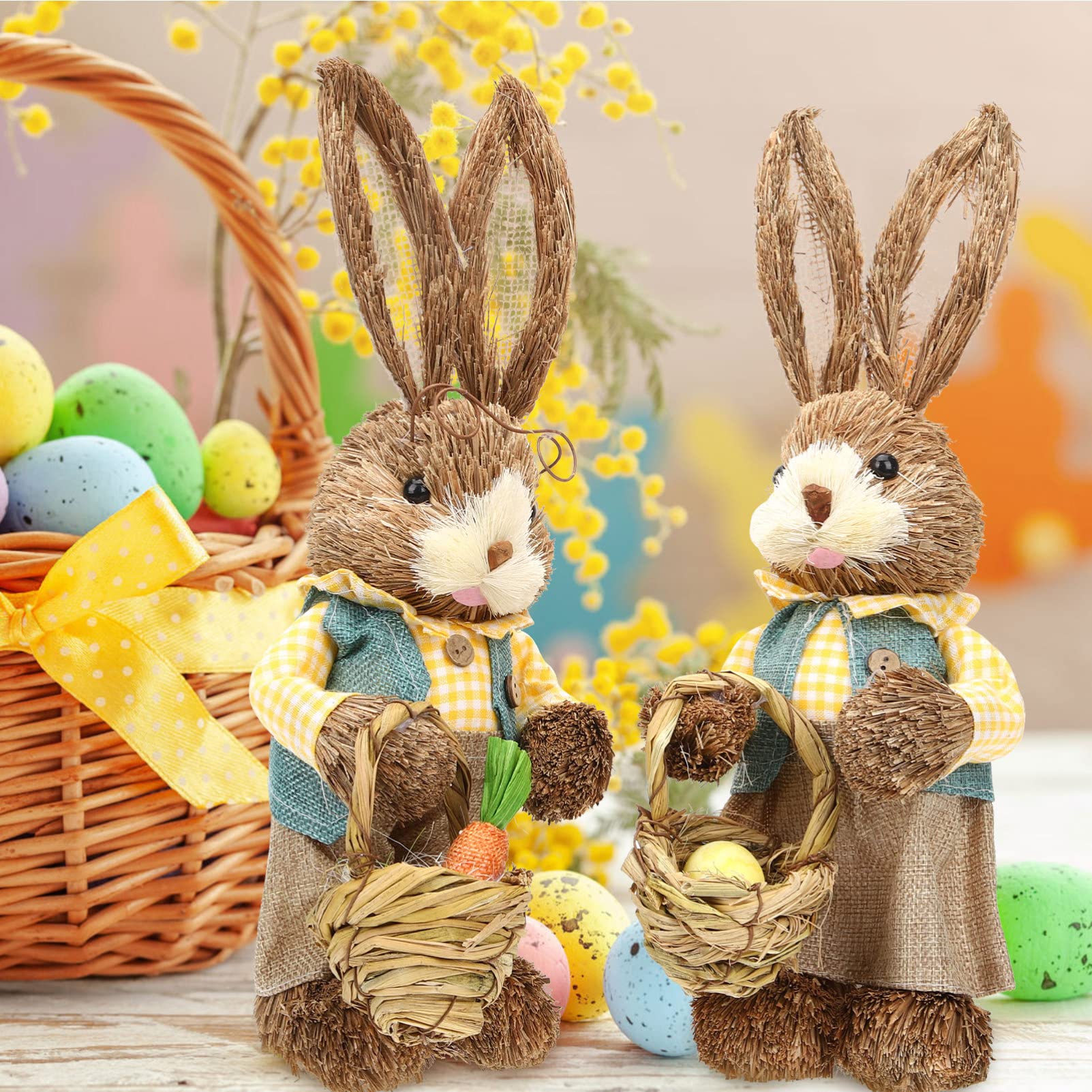 Didiseaon Coniglietti Pasquali di Paglia 2 Pezzi Decorazioni la Casa e Asilo Nido, Figurine a Forma di Coniglio 35cm, Realizzate a Mano in Paglia e Cotone, Decorazione Adorabile