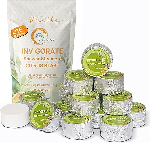 Zen "LITE" Steamers - Vaporizadores de ducha vigorate Citrus Blast - Aromaterapia (paquete de 15) bombas de ducha extra grandes con aceites