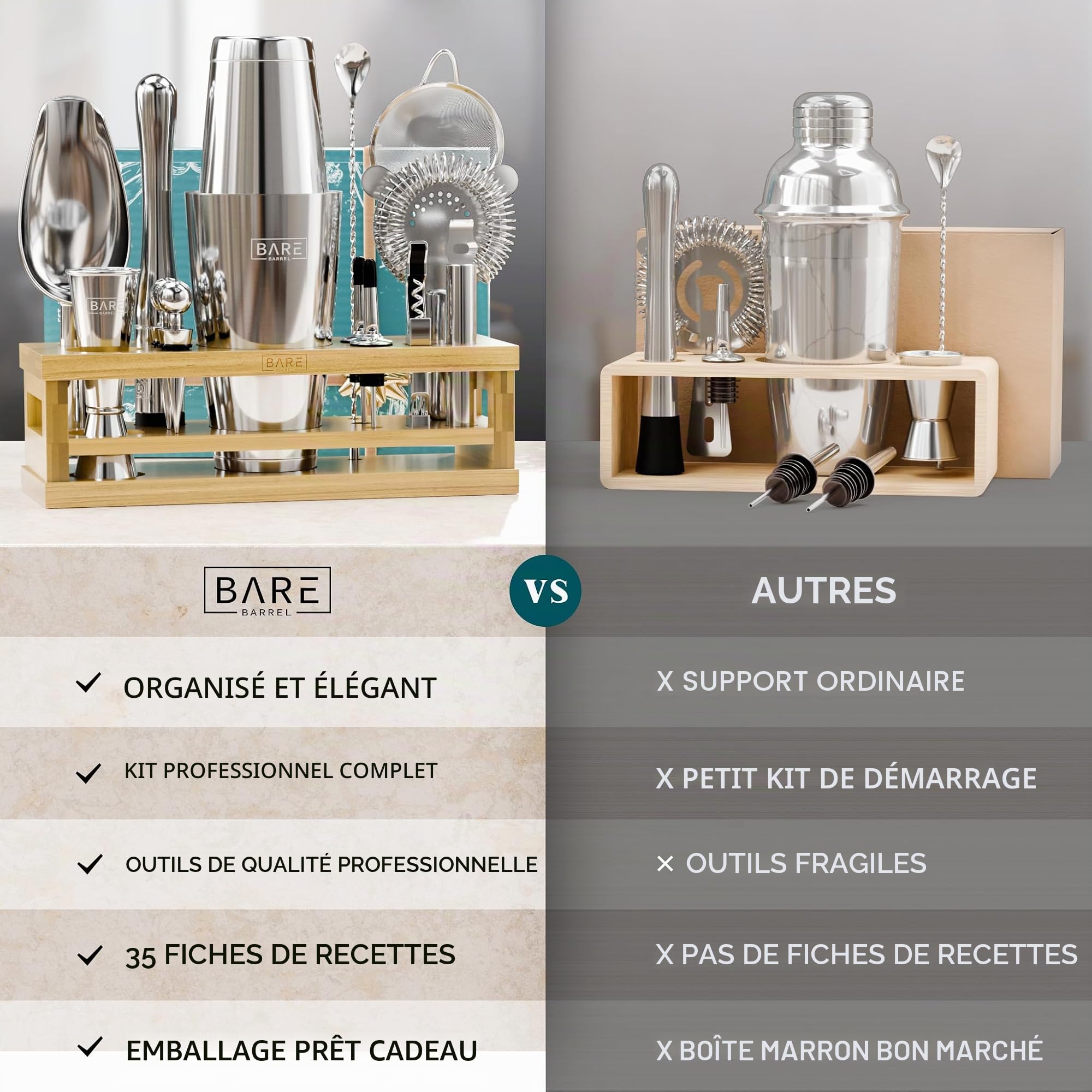 BARE BARREL® Kit de Fabrication de Cocktails | Ensemble de 16 Pièces pour Barman avec Shaker à Cocktail | Support d'affichage en Bambou & 35 Cartes de Recettes | Ensemble Cadeau de Mixologie (Shaker