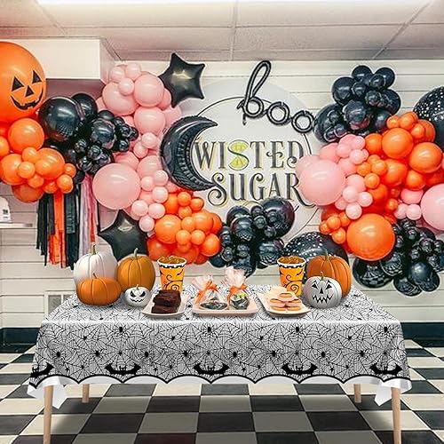 Miniatura 6 de 3 manteles de tela de araña de Halloween, de plástico, rectangular, desechable, color negro, con diseño de murciélago aterrador, para suministros de