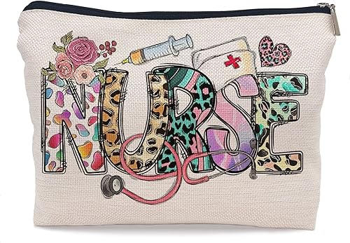 Bolsa de maquillaje de enfermería floral de leopardo para enfermera, bolsa de cosméticos pequeña con cremallera, regalo de agradecimiento para