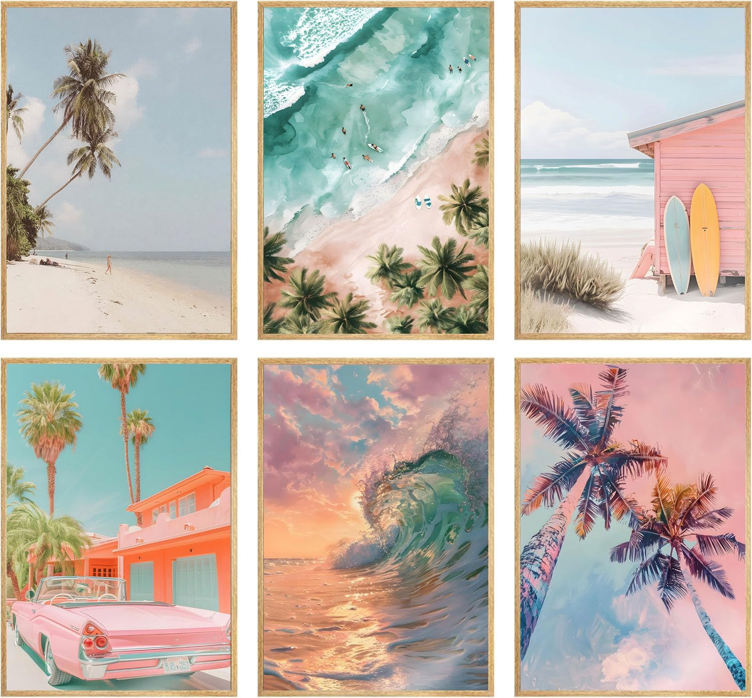 YRBBSGPJ 6pcs Beach Canvas Wall Art Coastal Nature Scenery Paintings Pictures Wall Decor Palm Tree Surfboard Poster Printing Artwork For Living Room Bedroom Dining Room Bathroom Home Decoration