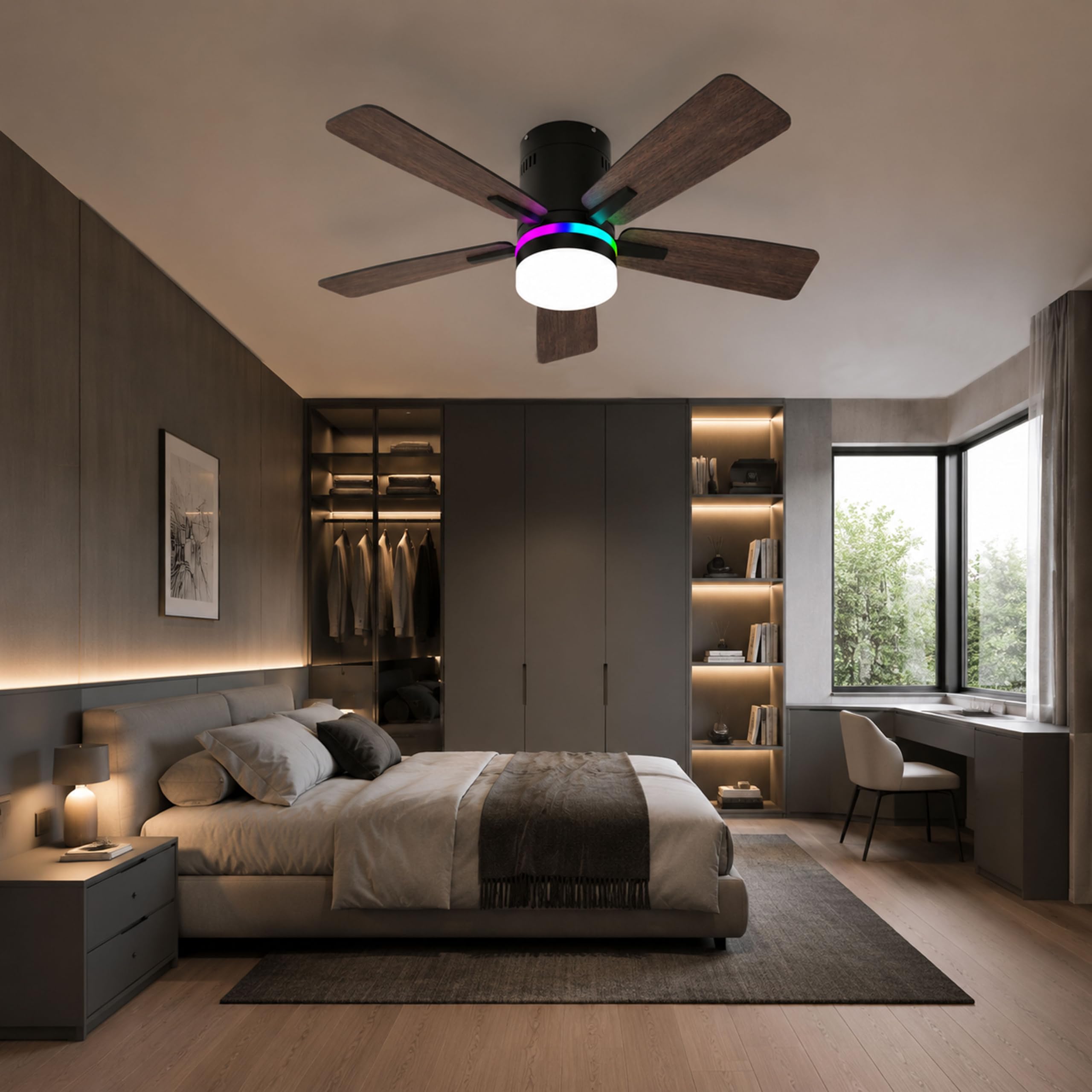 106cm RGB Deckenventilator mit Beleuchtung Leiser DC-Motor für Schlafzimmer | Fernbedienbar und App, Dimmbare LED, 6 Gänge,Timer, Doppelseitige Flügel Winter- und Sommermodus, für Wohnzimmer