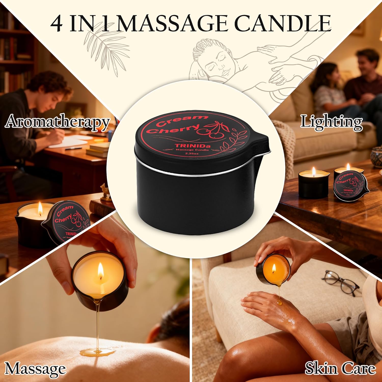 TRINIDa Low Temperature Massage Oil Candle 2.35oz - Soy Wax & Coconut Oil Blend, Moisturizes Skin,Stress Relief, Couples Massage & Home SPA, Romantic Gift Massage Scented Candle (Cream Cherry Scent) - Image 4
