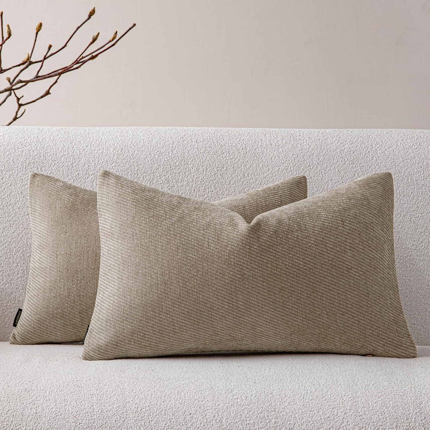 a moment Pack of 2 Decorative Chenille Throw Pillow Covers with Twill Cushion Covers for Sofa Living Room Couch Bed 12x20 Inch Light Brown