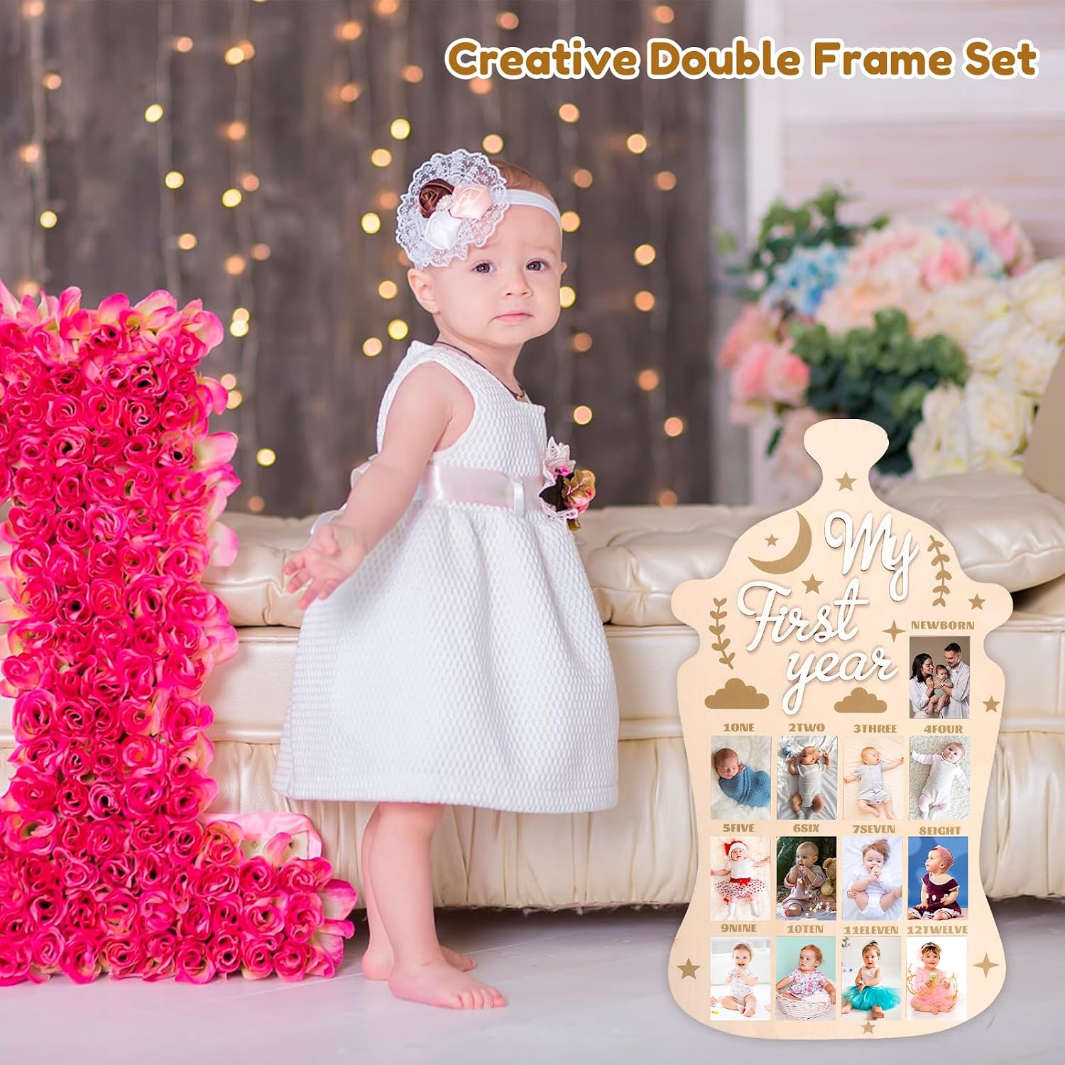 2 Pcs My First Year Picture Frame One Year Birthday Photo Display Wood Board Baby's First Twelve Months Photo Collage and Gender Neutral Keepsake 1st Birthday Decorations Nursery Decor for Boy Girl