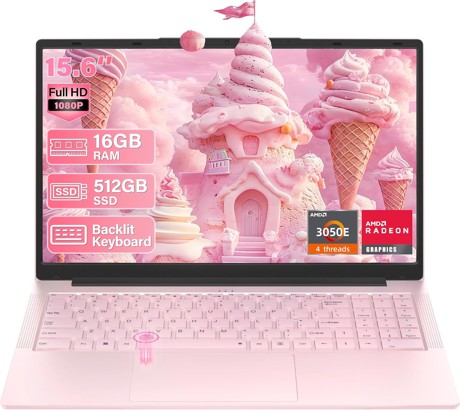 15.6" Pink Laptop Computer AMD Athlon Silver 3050E, 16GB RAM 512GB SSD, FHD IPS Display, Backlit KB, Fingerprint, Webcam Privacy Shutter,180 ° Hinge, Win 11 Pro, USB-C, HDMI, Ultra-Thin