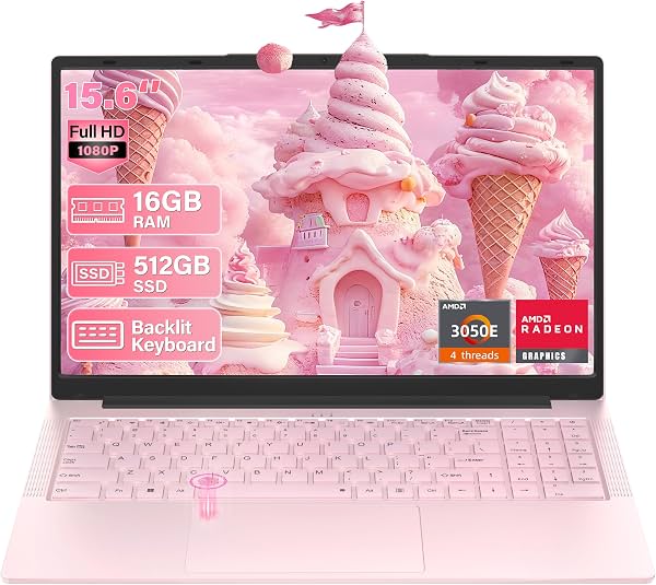 Laptop rosa FHD 15.6" para trabajo, estudiantes universitarios y hogar | 16GB RAM 512GB SSD, AMD Athlon, pantalla IPS, teclado retroiluminado, huella digital, obturador de privacidad para cámara, carga USB-C, Windows 11 Pro