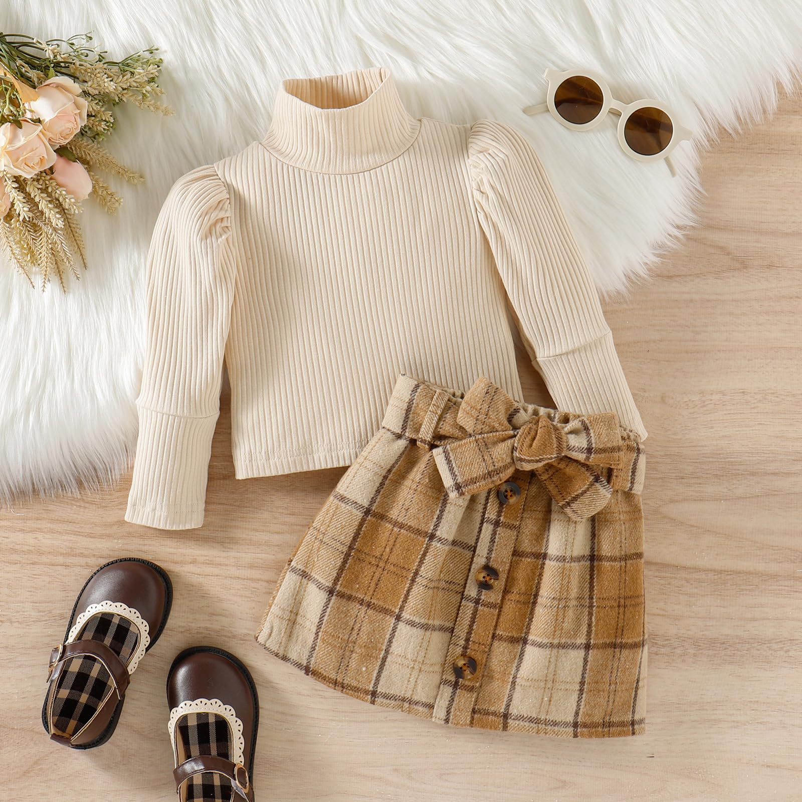 AMAWMW Ropa de otoño e invierno para niña, camisa de manga larga con volantes, mini falda de pana, vestido acampanado para niña