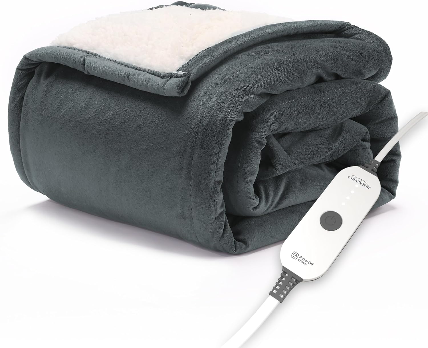 Sunbeam Royal Mink Sherpa Heated Throw Blanket 50x60 Night Fog - 4 Heat Settings, 4-Hour Auto-Off, Machine Washable Electric Blanket