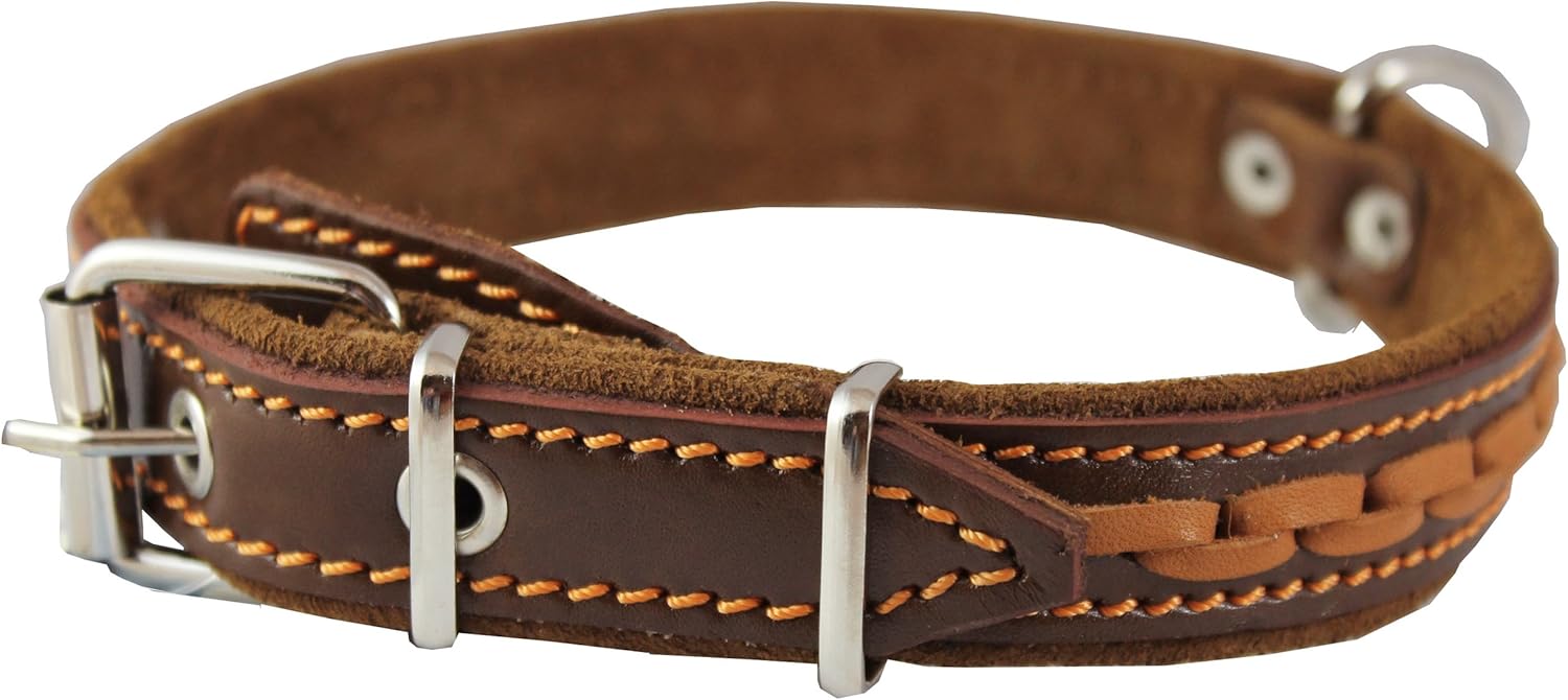 Brown Genuine Leather Braided Dog Collar, 1" Wide. Fits 14"-17" Neck.