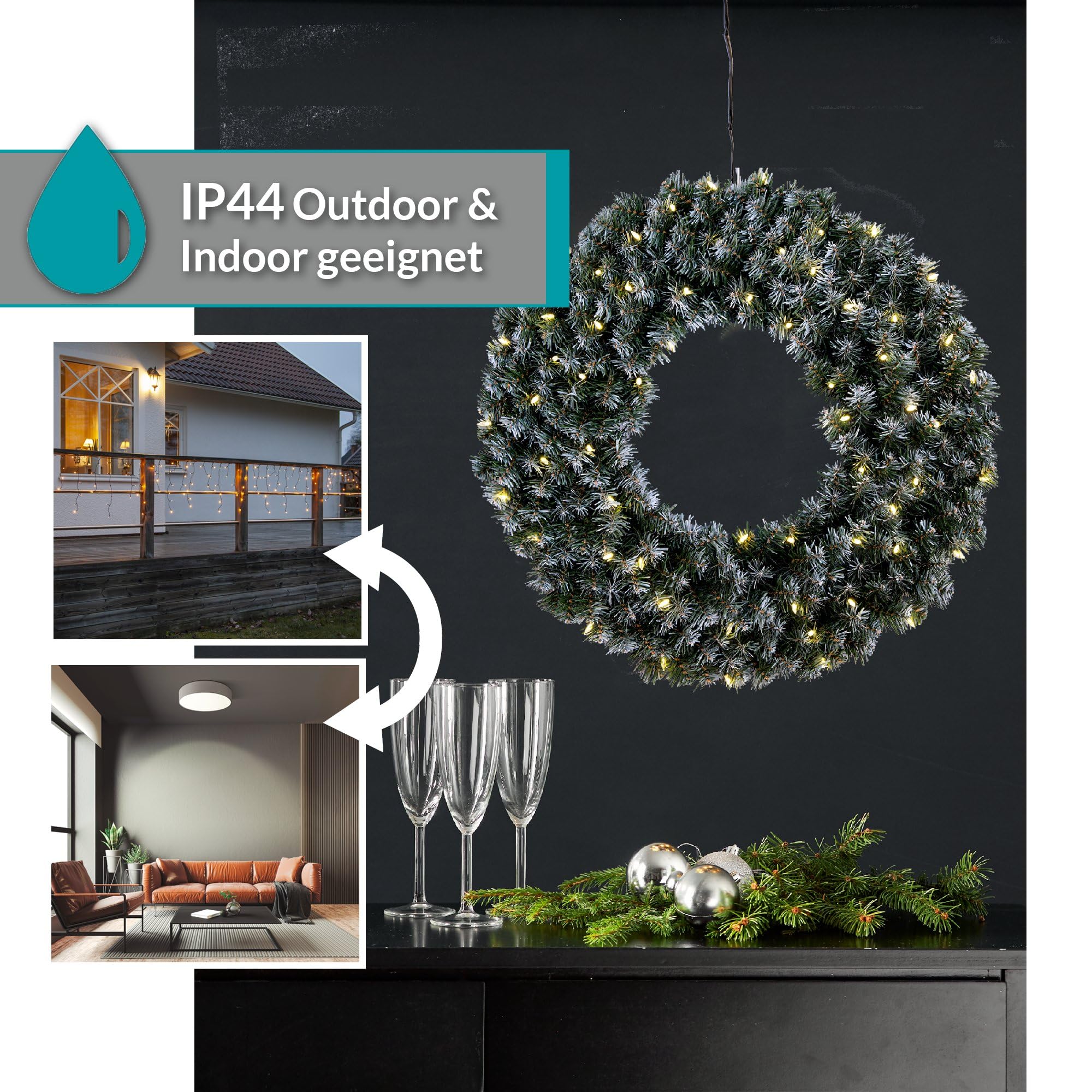 EGLO LED Weihnachtskranz, Kranz Weihnachten beleuchtet, Adventskranz in Tannengrün mit weißen Schnee-Details für innen und außen, warmweiß, mit Kabel, Ø 70 cm, IP44 | Adventskranz in Tannengrün mit weißen Schnee-Details für innen und außen, warmweiß, mit