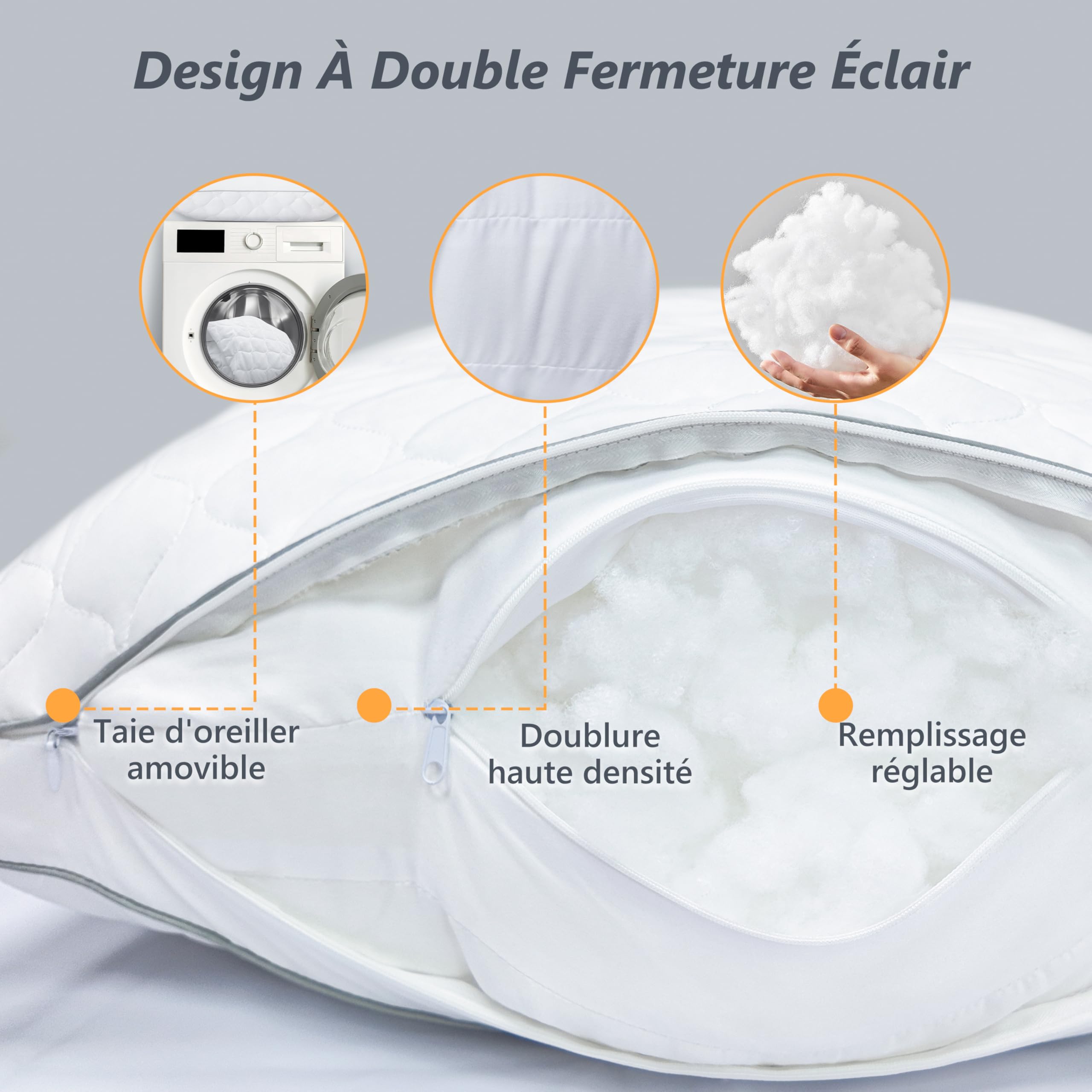 Oreiller 60x60, Oreiller Ergonomique Cervical - Réglable en Hauteur, Haute Qualité Oreillers Ferme Confort, Coussin 60x60 avec Taies Amovibl - Respirant & Hypoallergénique