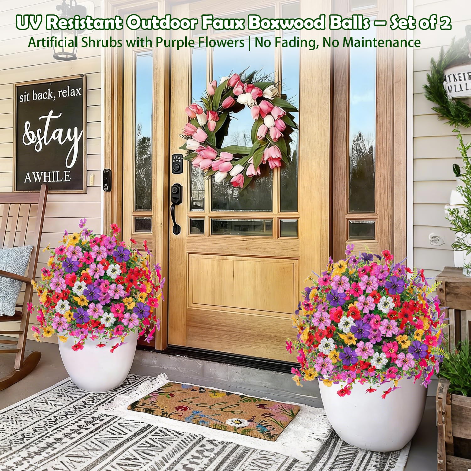 2 alberi di bosso artificiali da 58,4 cm, resistenti ai raggi UV, con fiori viola, arbusto, piante artificiali, sempreverdi, per giardino,