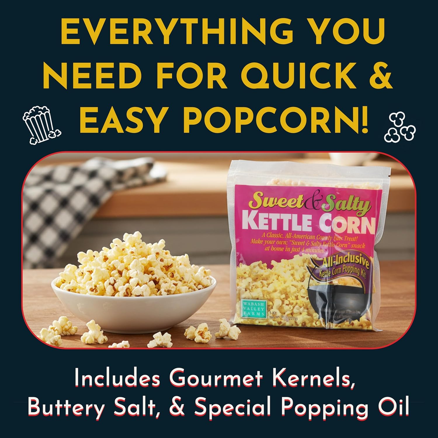 All in One Popcorn Packs - Wabash Valley Farms Sweet & Salty Kettle Corn, Popcorn Kernels for Popcorn Machine, 6 Popcorn Kits