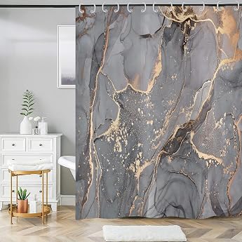 Grey Gold Marble Shower Curtain 180 x 220 cm Modern Abstract Grey Gold Black Marble Look Texture Washable Bathroom Shower Curtains for Bathtub Polyester Textile Waterproof with 12 Hooks