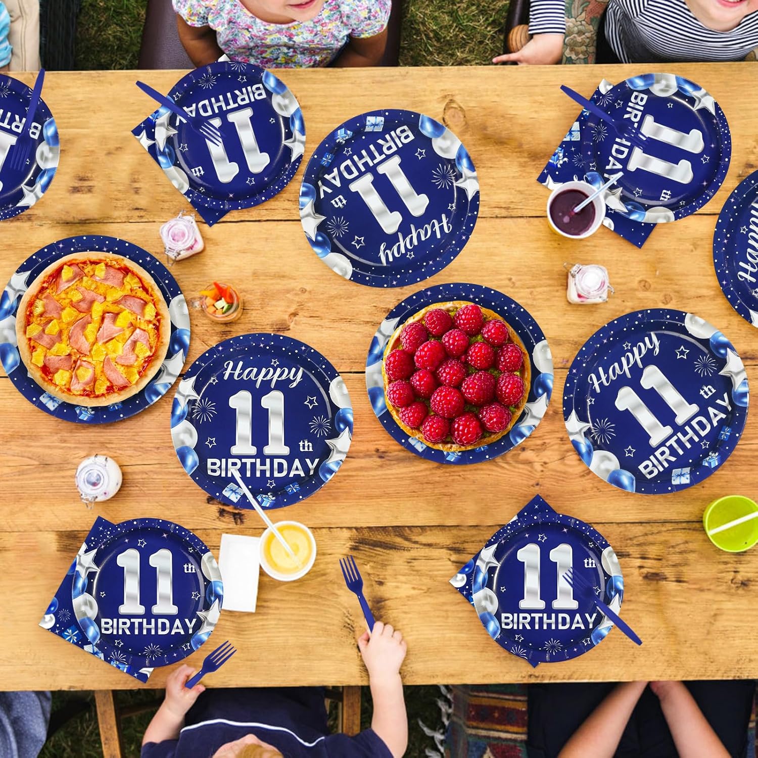 96Pcs 11th Birthday Party Decorations Blue and Silver Plates and Napkins Disposable Navy Blue Silver 11 Years Old Paper Tableware Set for Kids Boys Girls 11th Birthday Party Supplies, Serves 24