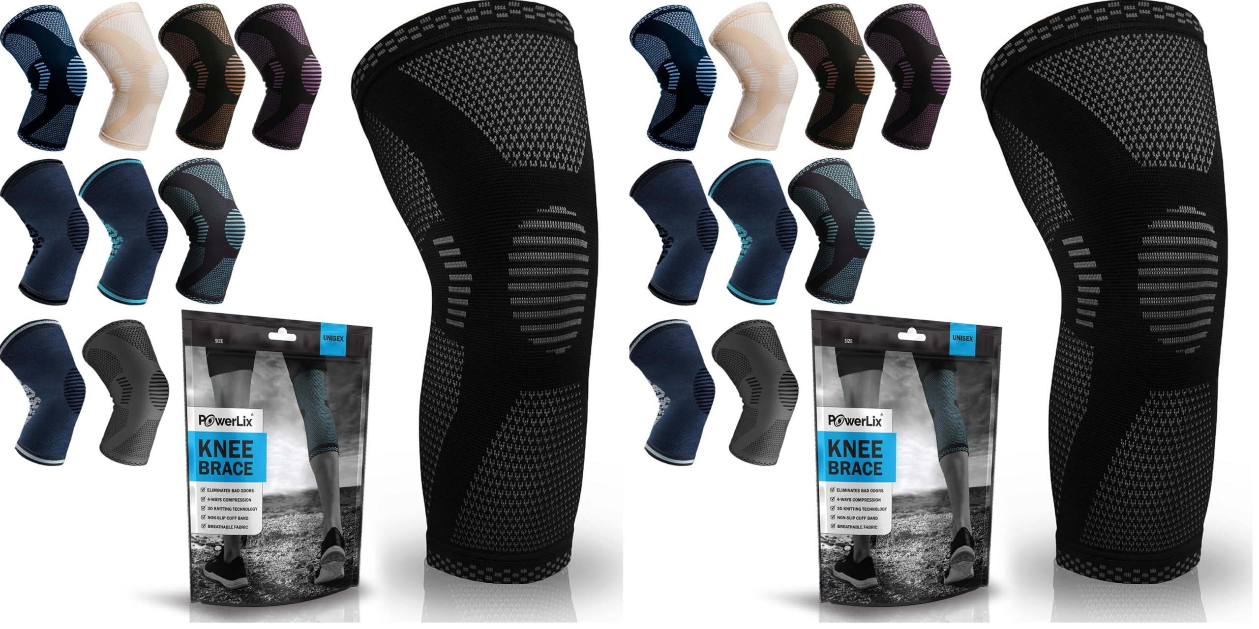 POWERLIX Knee Compression Sleeve - Best Knee Brace for Men &amp; Women – Knee Support for Running, Basketball, Weightlifting, Gym, Workout, Sports, (Black, Large) (Pack of 2)