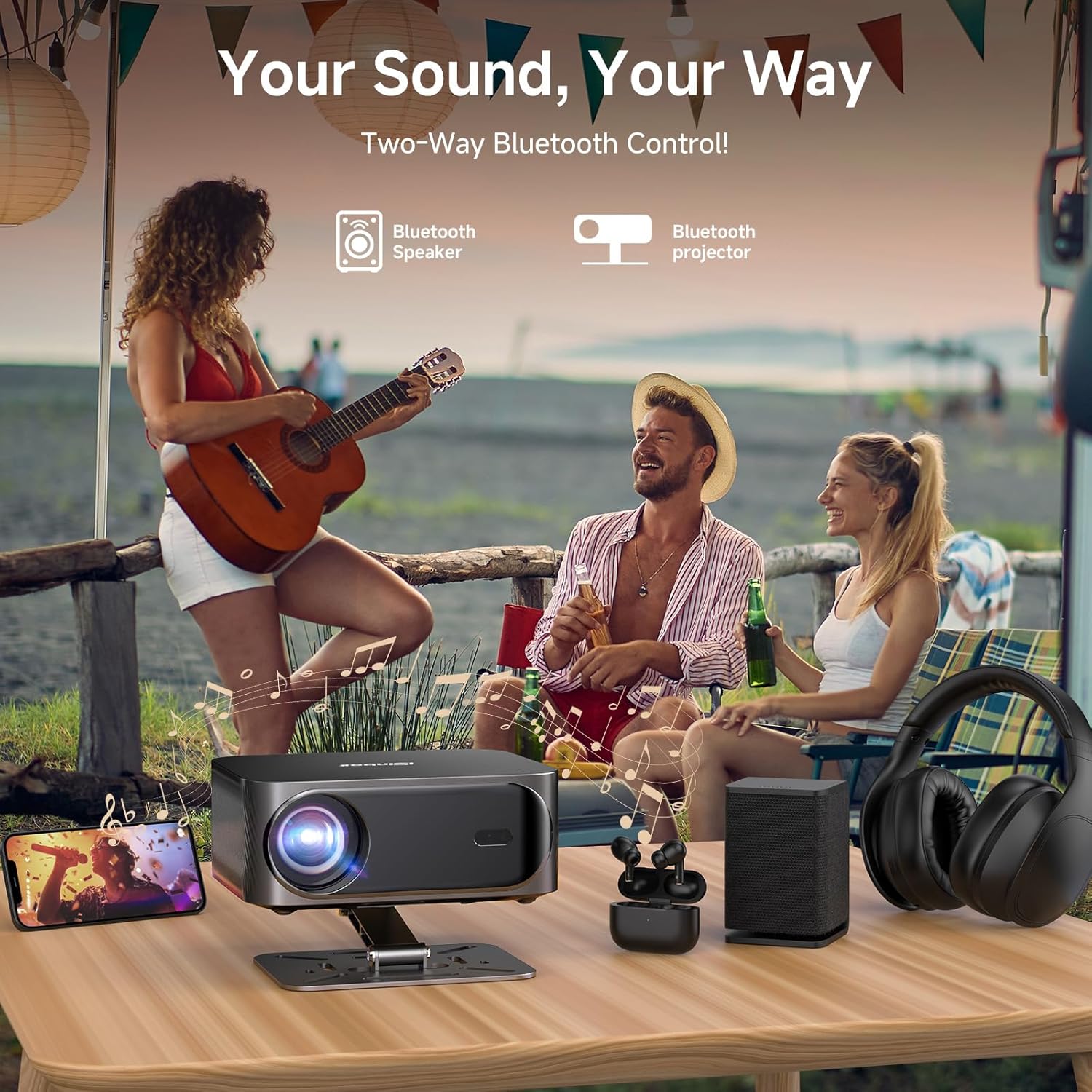 Projector connected to external Bluetooth speakers and headphones