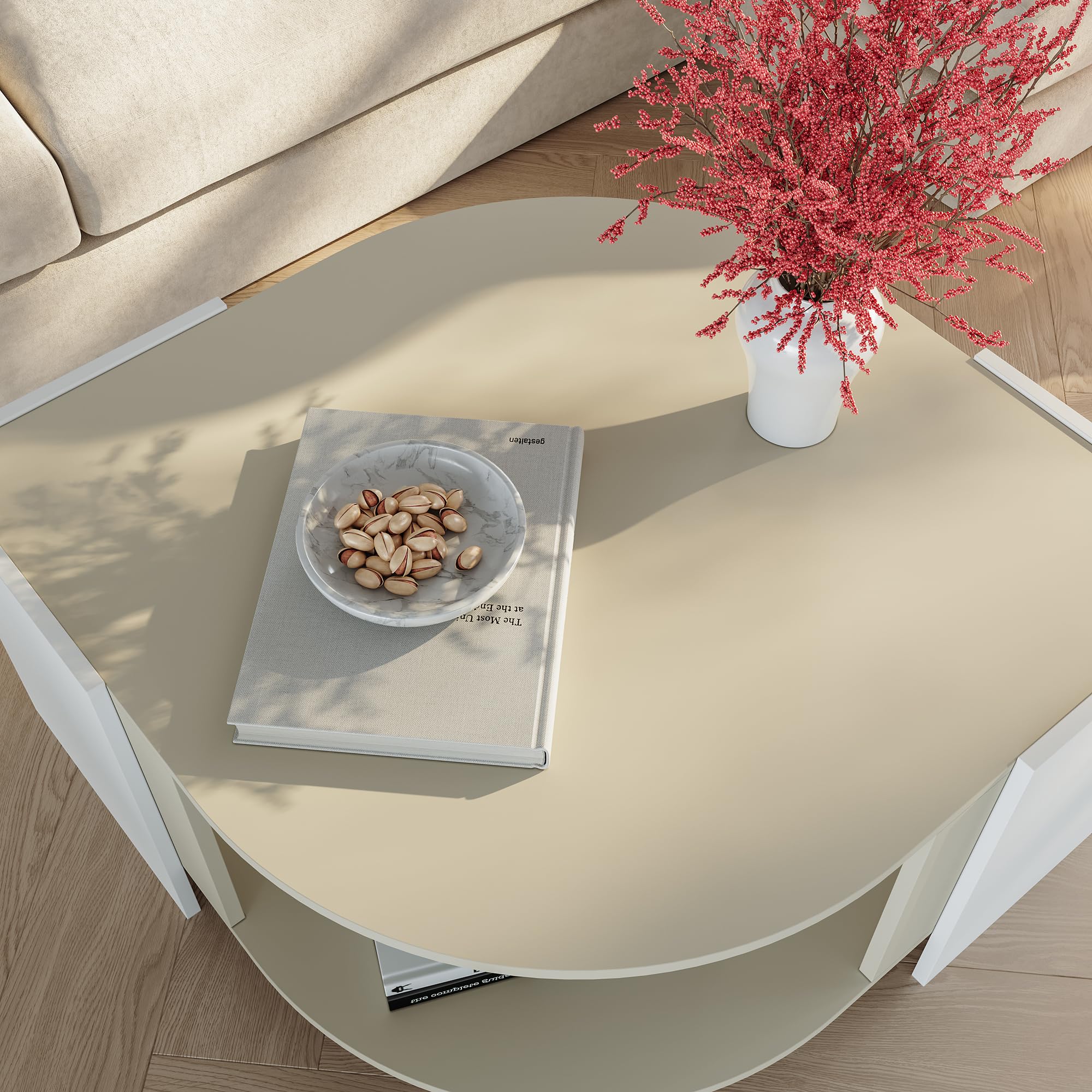 [en.casa] Tavolino Centrale da Salotto con Piano Curvo Tavolo Basso da Caffè con Ripiano Vano Aperto per Soggiorno Living Studio 75 x 75 x 40 cm - Bianco/Color Avena Oatmeal