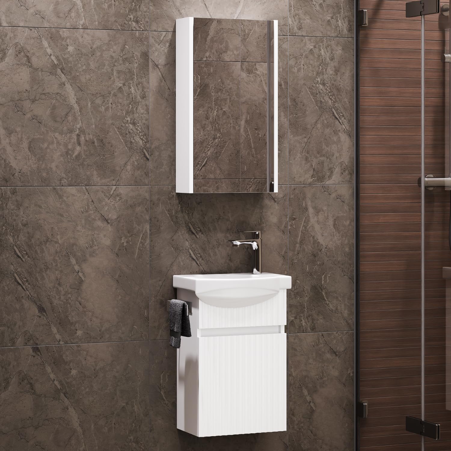 Planetmöbel Waschbecken mit Unterschrank 40 cm inkl. Keramikwaschbecken und Spiegelschrank, Gäste WC Badmöbel Set, weiß matt