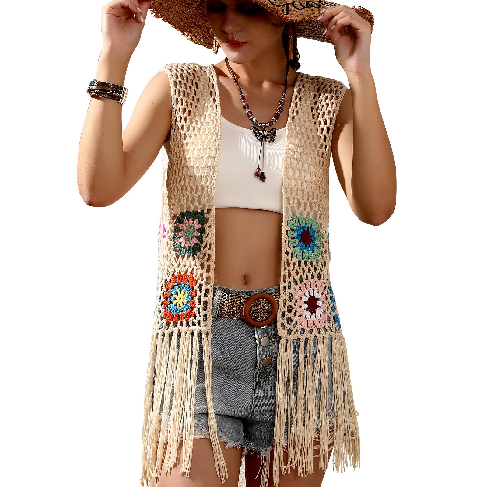 Womens Floral Crochet Hollow Out Sleeveless Fringe Boho Retro-Look Handmade Cardigan Vest Tassels