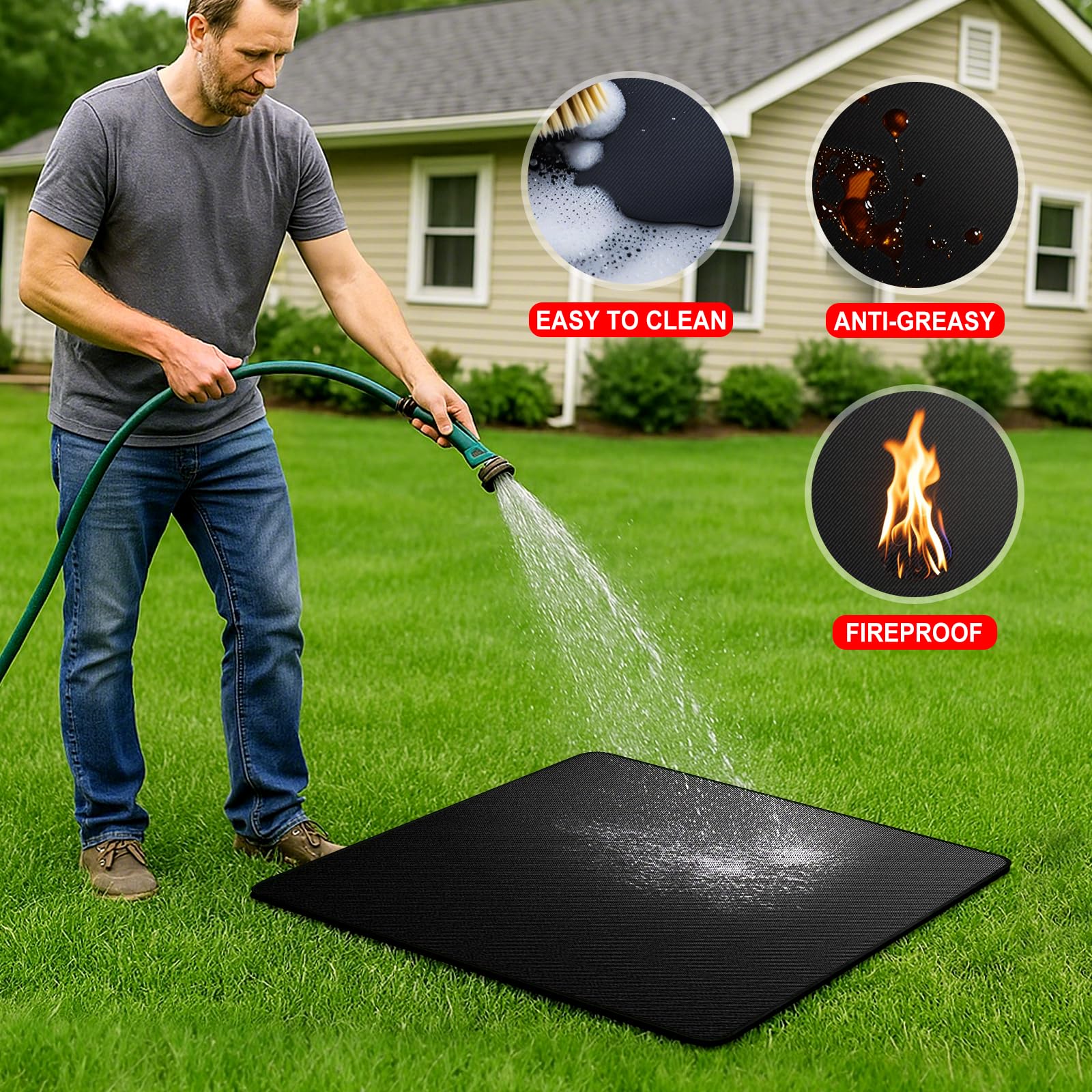 Tapis de brasero carré double face ignifuge résistant à la chaleur imperméable 100 x 100 cm noir