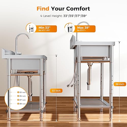 Miniatura 2 de Fregadero utilitario ajustable de 39 pulgadas, acero inoxidable 188, capacidad de 400 libras y cajón de almacenamiento, fregadero de lavandería