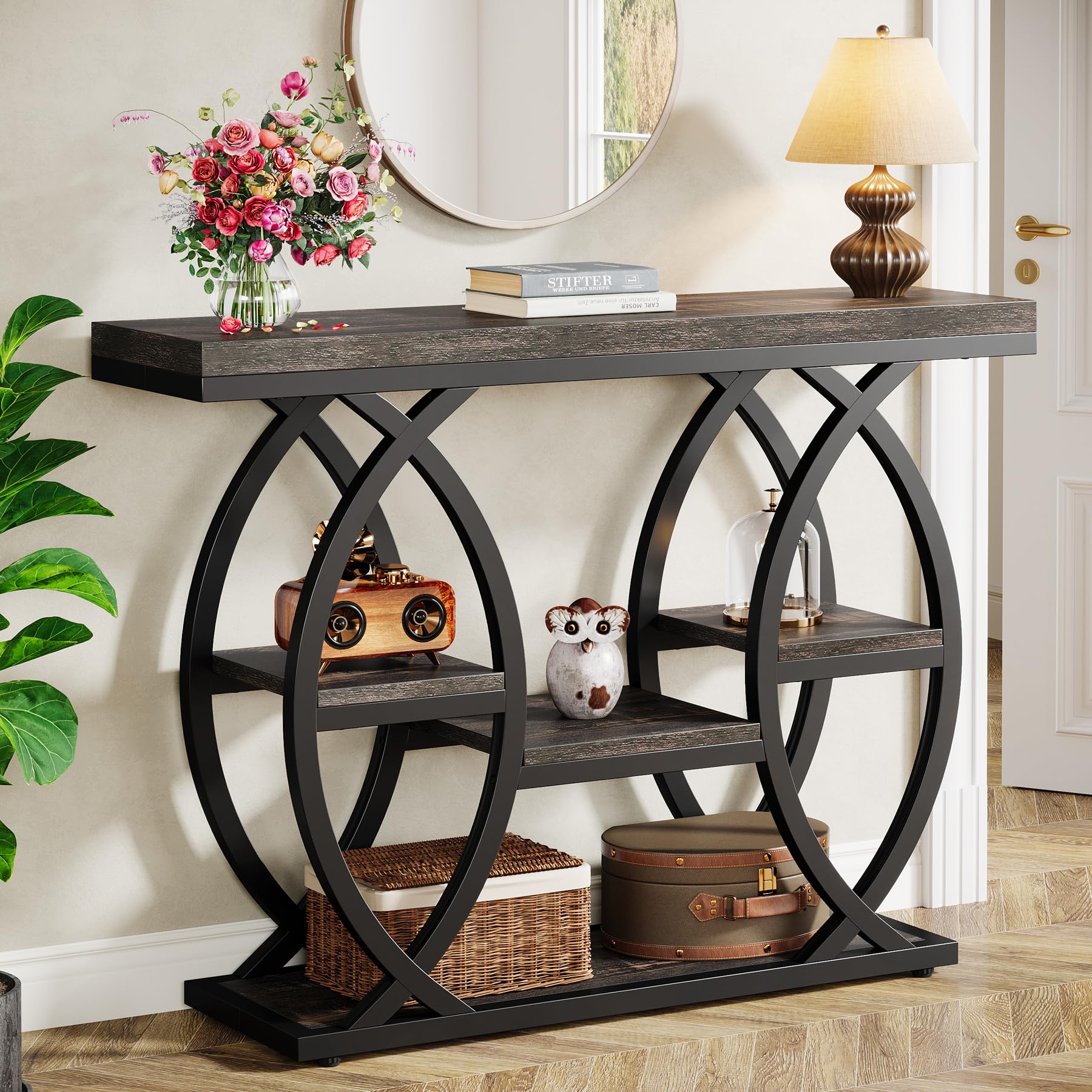 Tribesigns Konsolentisch, 100 x 30 cm Industrieller 4-Stöckiger Sofatisch Eingangstisch mit Ablagen, Schmale Holzakzenttische mit Metallrahmen für Kleine Räume, Flur, Foyer, Braun | Lagerregale, Holztischplatte mit Metallrahmen, Industriestil, für schmalen Eingangsbereich, Flur, hinter der Couch