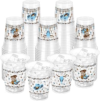 100 Pcs Western Cowboy Plastic Cups, 12 oz Blue Clear Disposable Party Cups for Baby Shower, Birthday Supplies