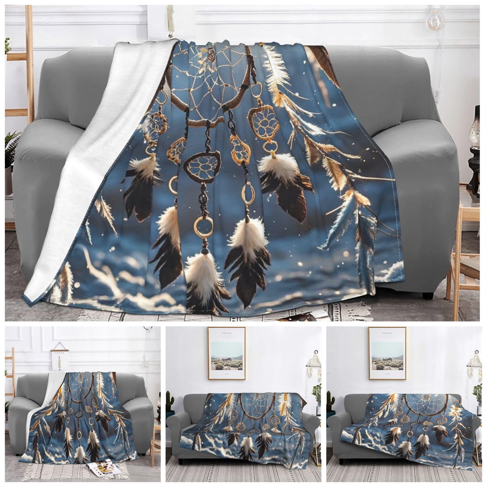 Throw Blanket Super Soft Plush Flannel Blanket Dream Catcher Feather Throw Lightweight Blankets for Living Room Warm Cozy Decorative Throws for Sofa Couch All Seasons 80"x60"