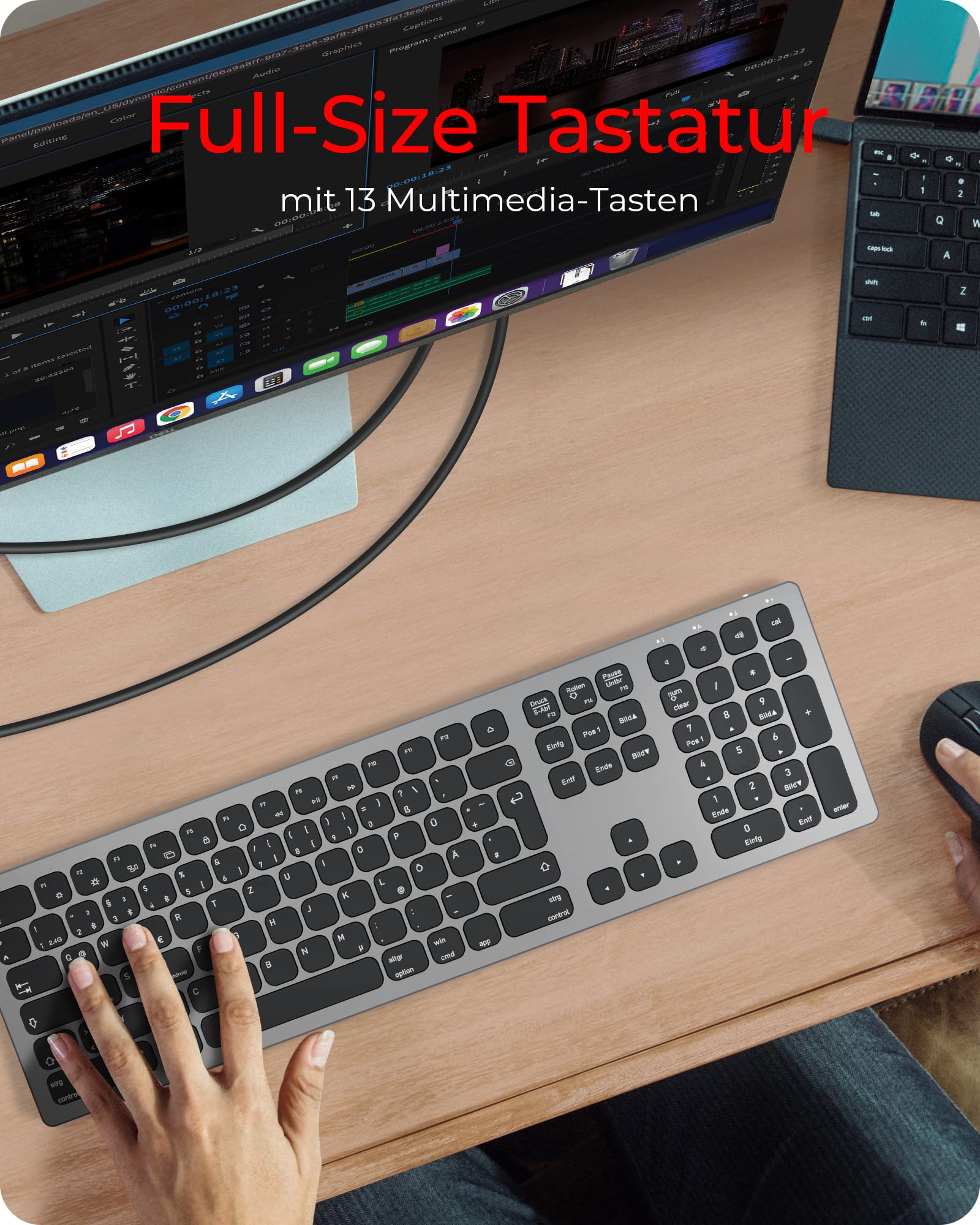 KeySonic Kabellose Bluetooth-Tastatur für Windows/MacOS/Android, Deutsches QWERTZ-Layout, Schwarz