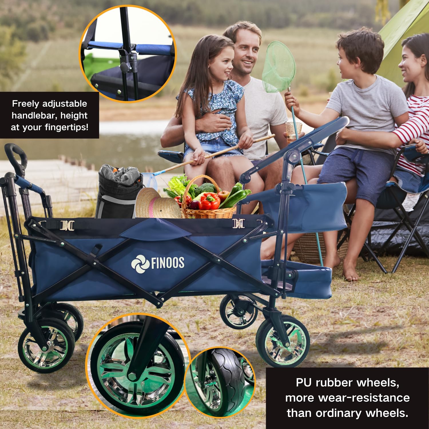 FINOOS Chariot de Transport Pliable avec Toit | Charrette à Bras | Chariot à roulettes | Remorque de Transport | 2 Poches en Mesh et Une Poche extérieure fournies | Pliable (Bleu Marine)