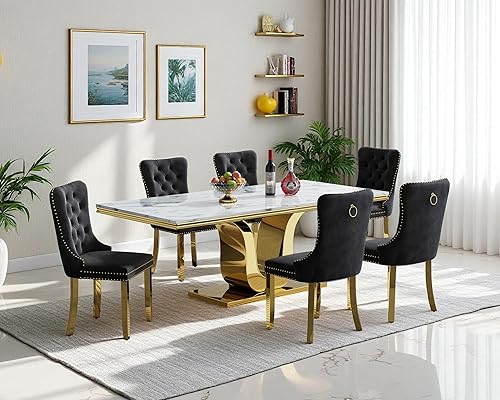 Miniatura 19 de Juego de mesa de comedor de mármol sintético, 7 piezas, juego de mesa de cocina y comedor para 6, mesa de comedor rectangular blanca de 70 pulgadas