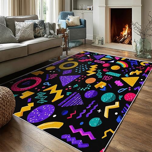 Miniatura 65 de Alfombra retro de los años 70, alfombras de área de 6 x 8 pies, patrón geométrico moderno de mediados de siglo, para sala de estar, dormitorio,