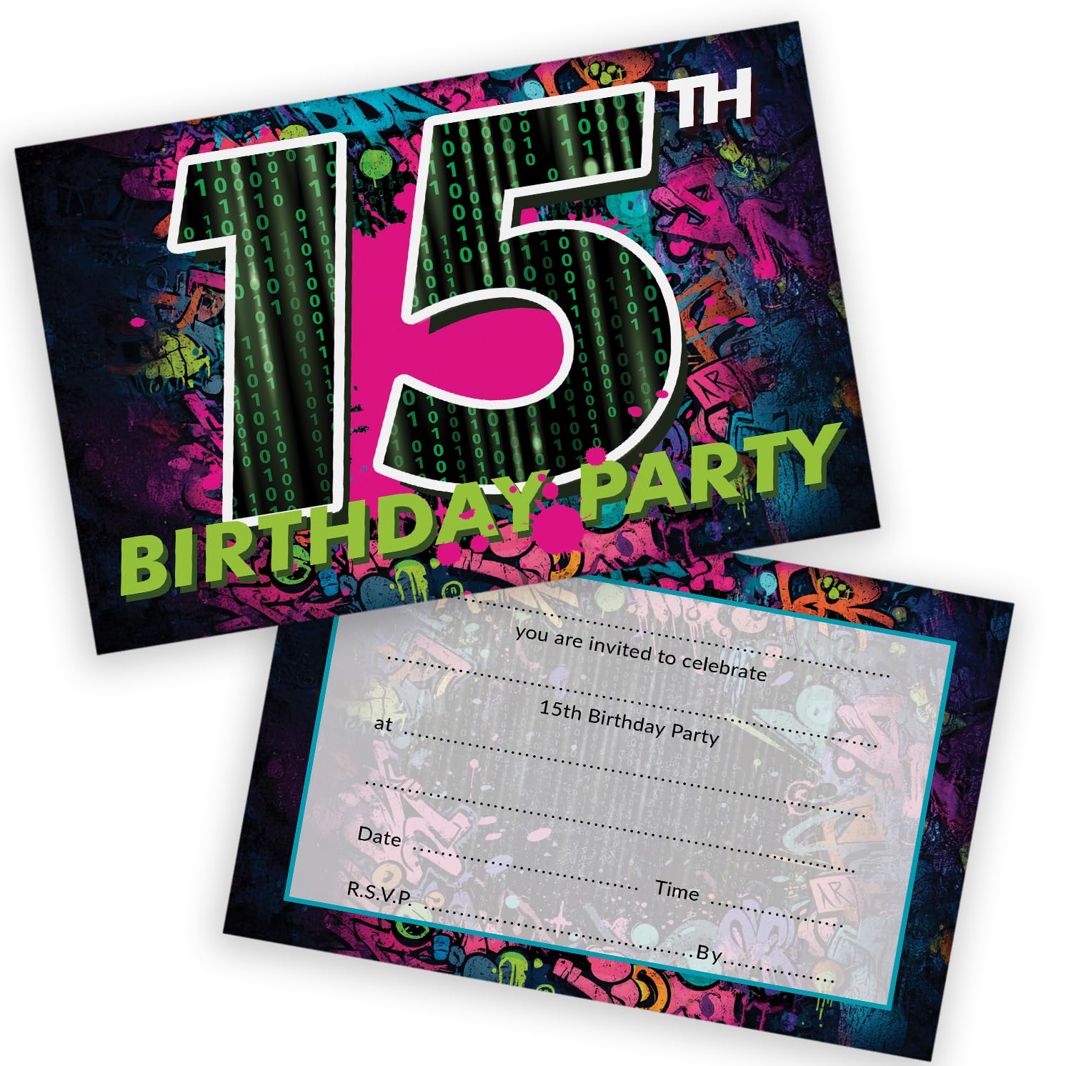 Stuff4 Playful 15th Birthday Party Invitations - Epic Energy for a Milestone Bash - Bold Graffiti Party Design in Vibrant Neon Shades - 20 Pack, Envelopes Included
