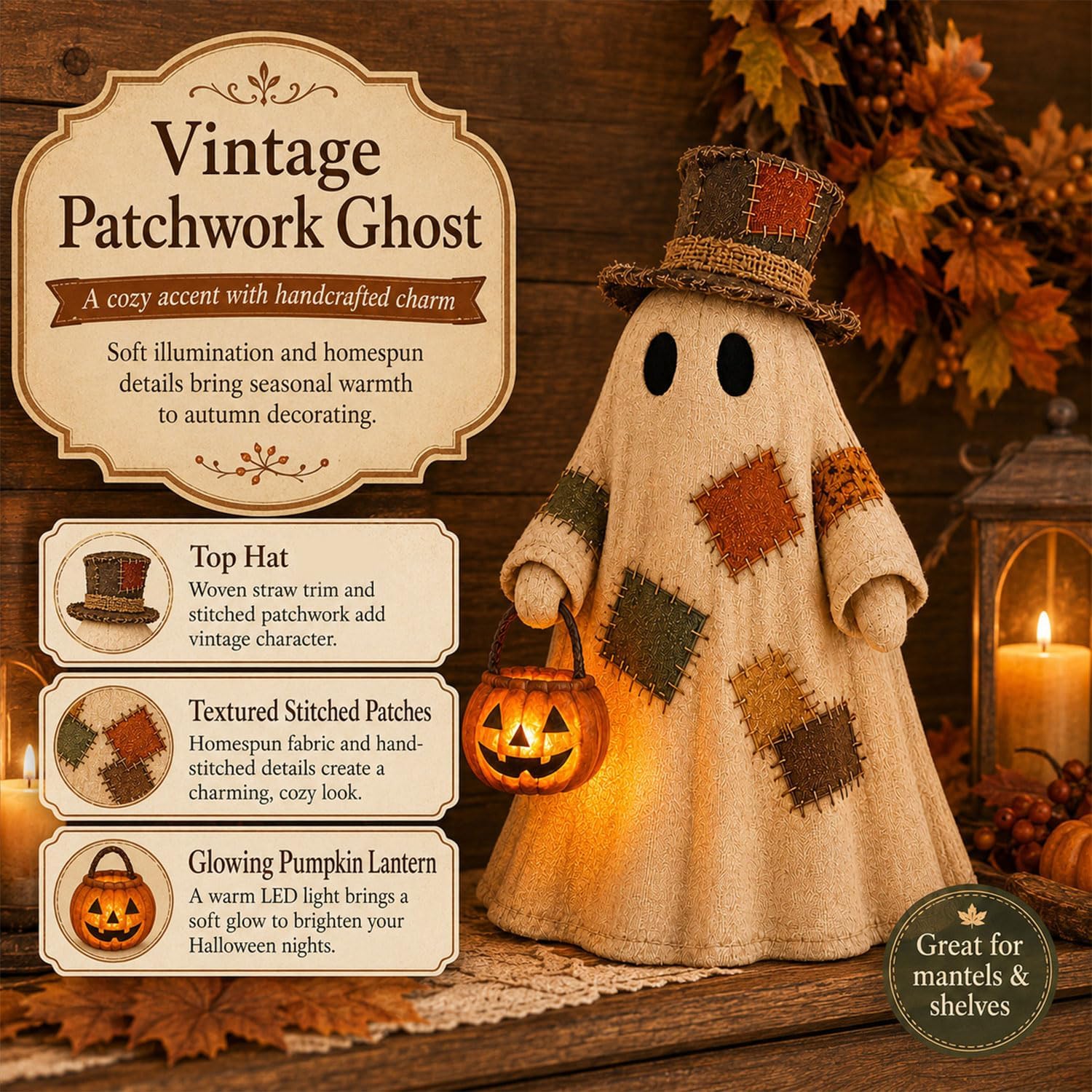 Halloween Patch Ghost Decor, Lighted Vintage Ghost Door Hanger Tabletop Decoration with Warm LED Lights, Outdoor Yard Decor for Home, Porch, Mantel, Party, Office Haunted House 4.33x2.76 Inch image 5