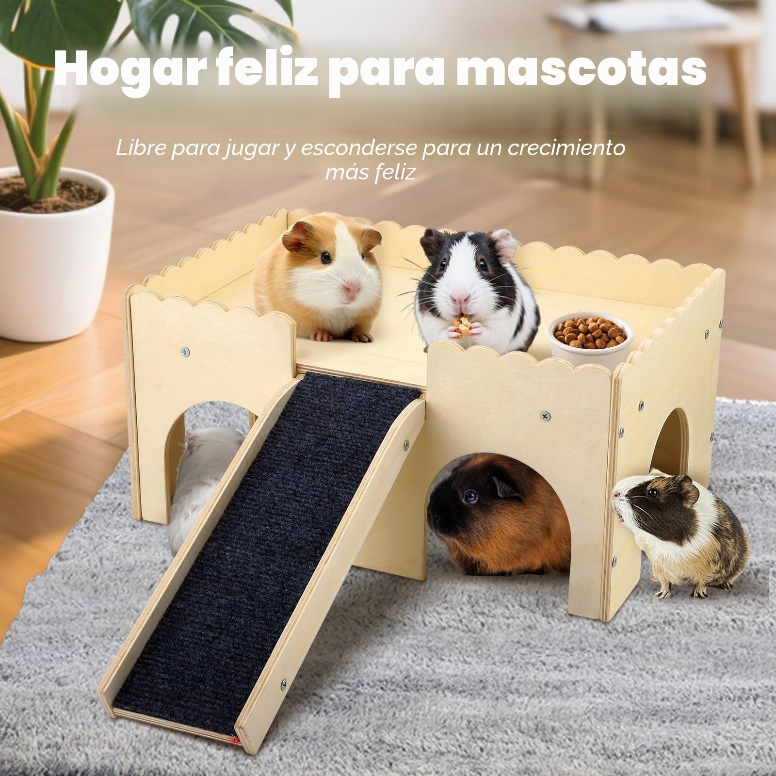Escondite para Conejillos de Indias, Juguete de Madera con escaleras y esteras, 2 Animales pequeños, esconde y Castillo para hámsters, Conejos y Chinchillas