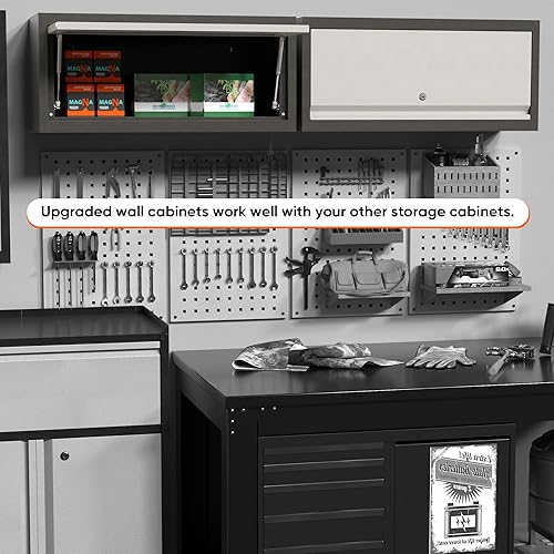 Miniatura 7 de Gabinete de pared de metal con puerta Up-flip, armario montado en la pared para garaje taller cocina (un gabinete