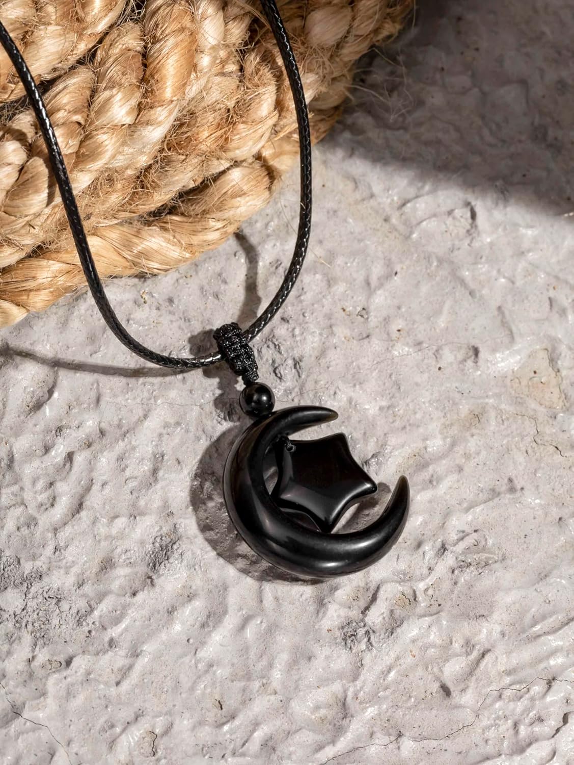 MINACHI Gothic Black Obsidian Moon Star Pendant Necklace with Braided Cord, Goth Celestial Jewelry Gift for Men and Women - Image 2