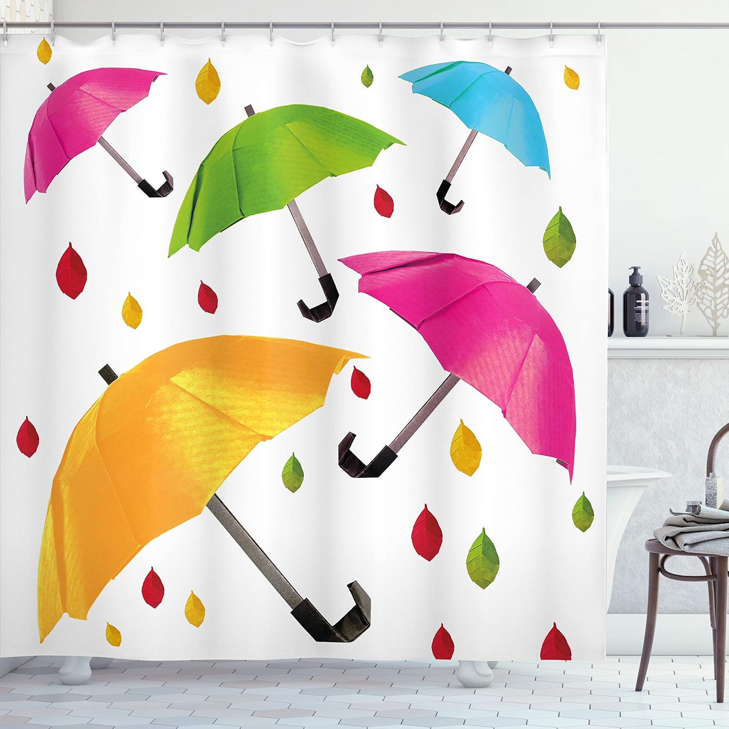 Ambesonne Colorful Shower Curtain, Several Sized Umbrella Motif with Leaf Droplets Water Climate Security Design, Cloth Fabric Bathroom Decor Set with Hooks, 69" W x 70" L, Pink Orange