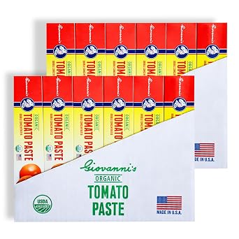 Giovannis Organic Double Concentrated Tomato Paste 12-Pack Case 4.5 oz Tubes | Made in the USA with San Joaquin Valley Vine-Ripened Tomatoes, Non-GMO, No Additives, Bulk Pantry Staple