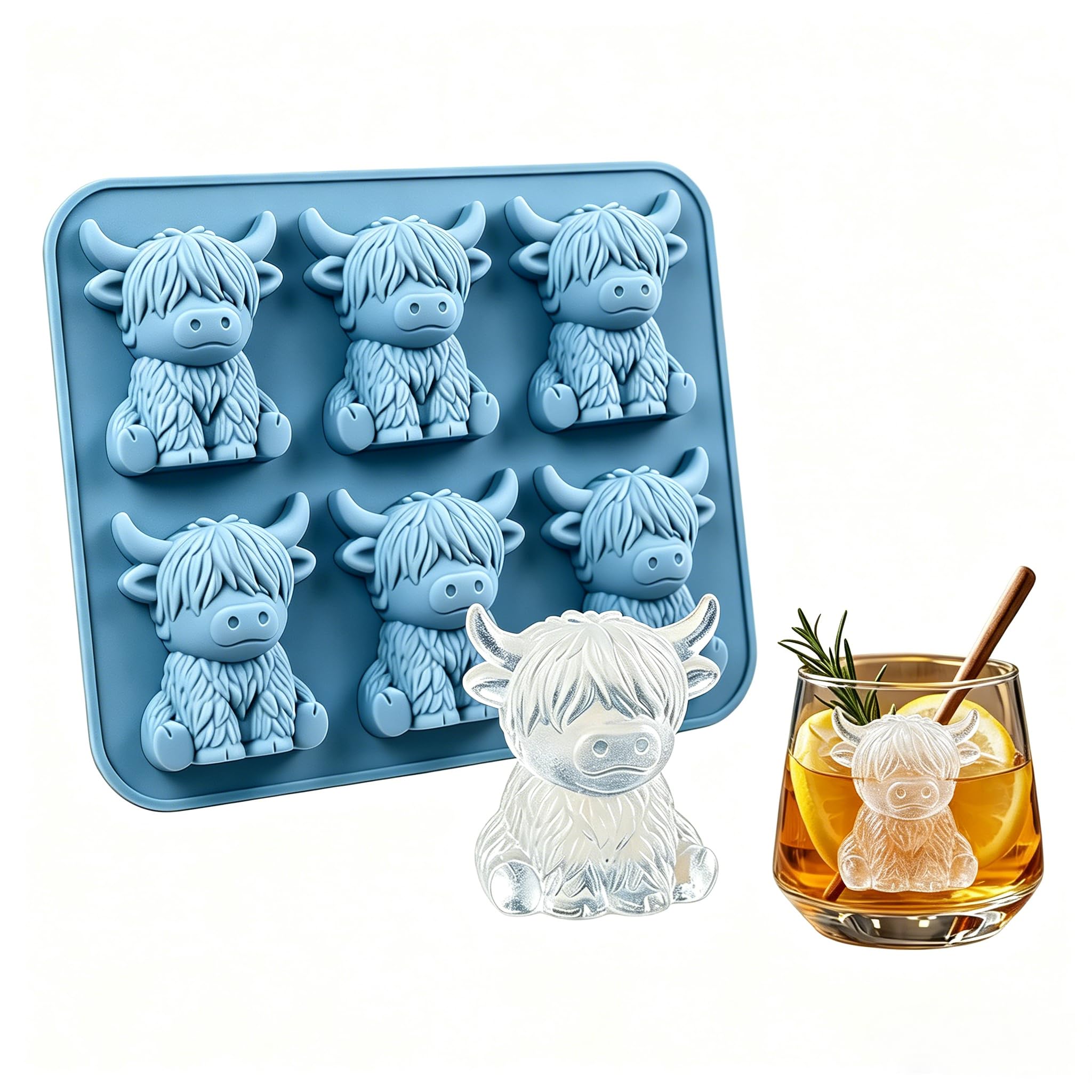 6-piece mini Highland Cattle Silicone ice Cube molds, 3D Cute Animal-Shaped ice containers, Highland Cattle Gift, Suitable for Making Whisky, Cocktails, Chocolate, Candies and Jelly, Creative Gift