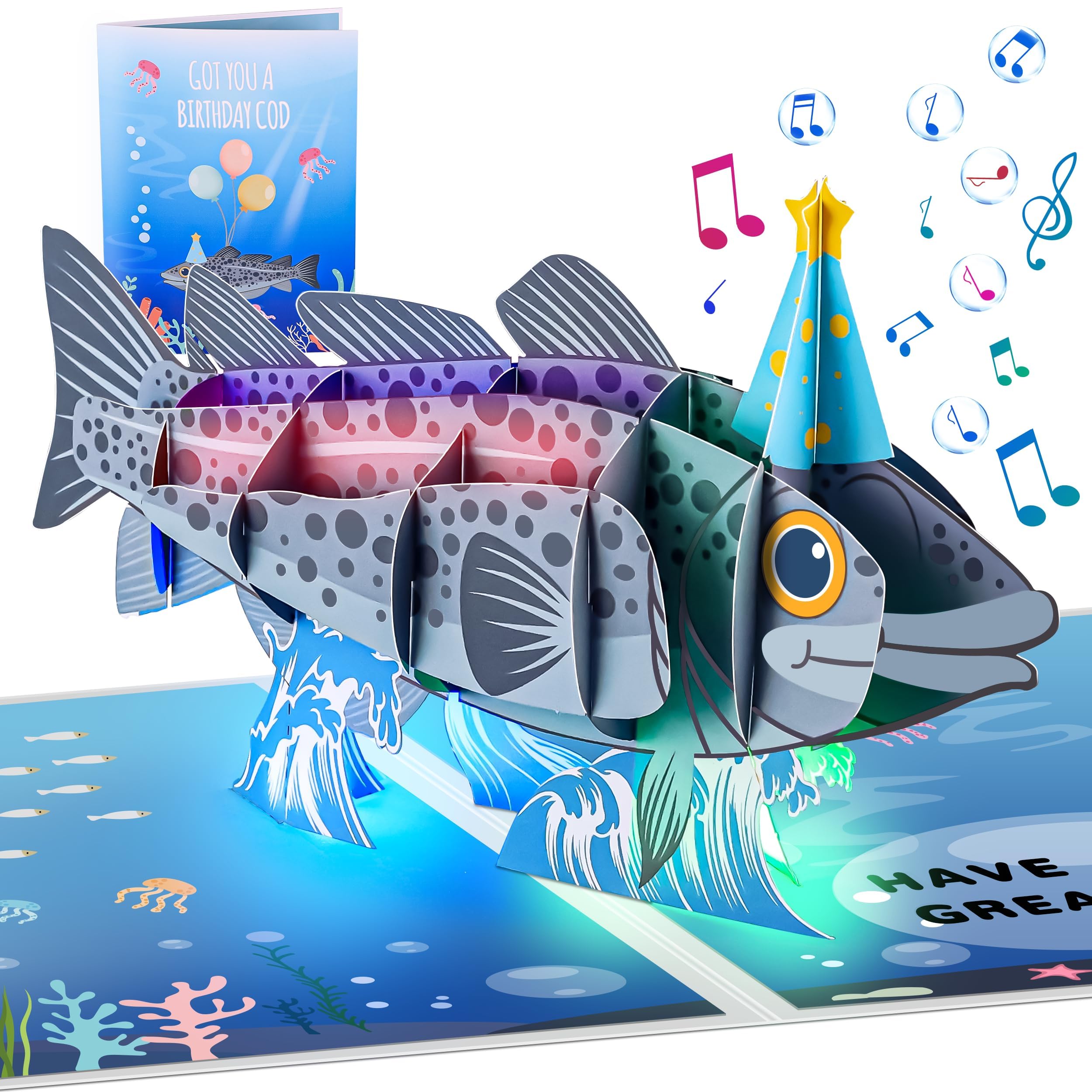 CUISH Funny Fish Themed 3D Pop Up Musical Birthday Cards For Men, Funny Greeting Card W/Lights and Happy Birthday Song for Dad, Men, Fisherman,Him,