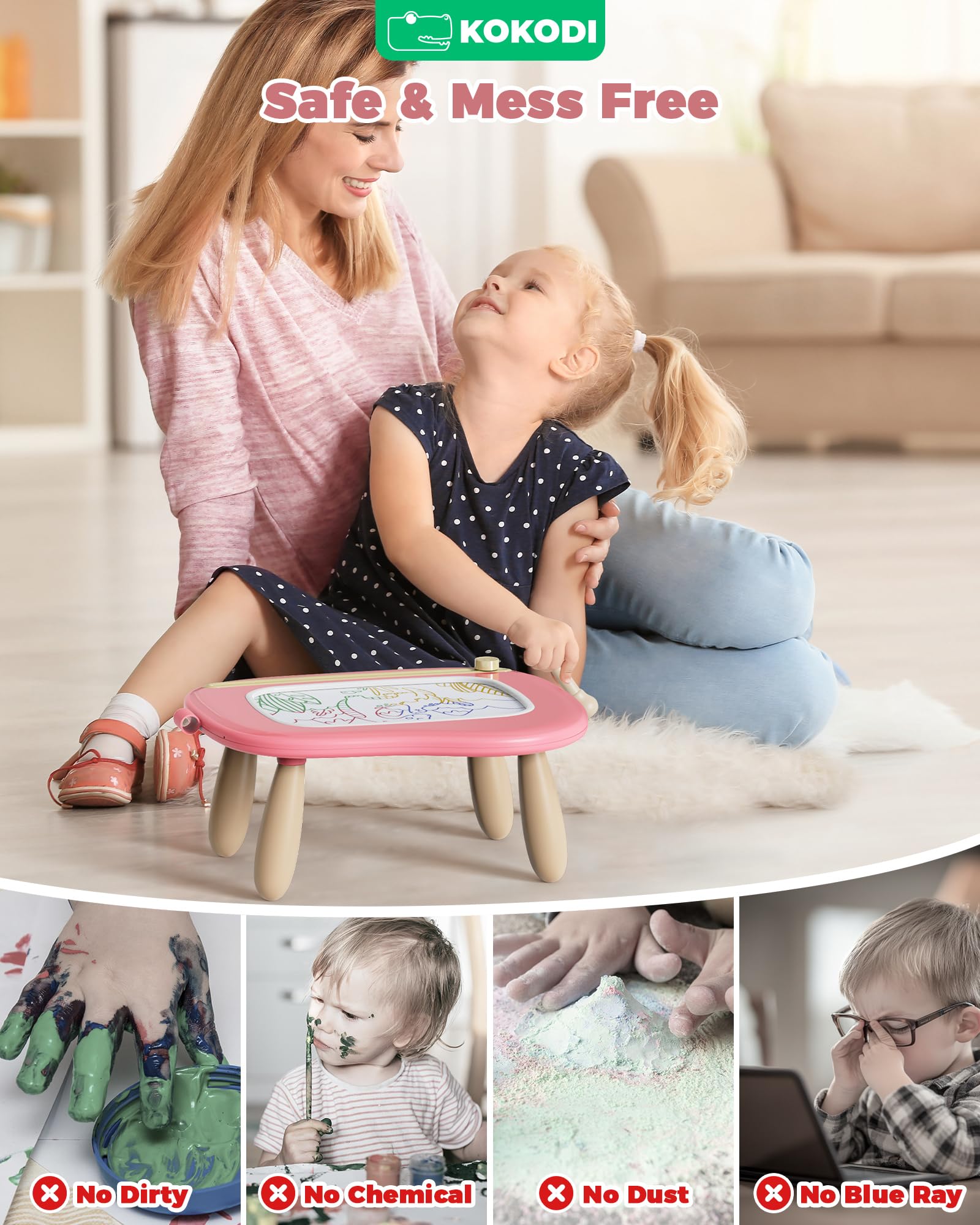 KOKODI Magnetische Maltafel Kinder Zaubertafel, Magnet Zeichentafel Löschbar, Lernspielzeug ab 1 Jahre, Spielzeug für Kinder 1–7 Jahre, Kinderspielzeug Geschenk für Mädchen Jungen (Rosa)