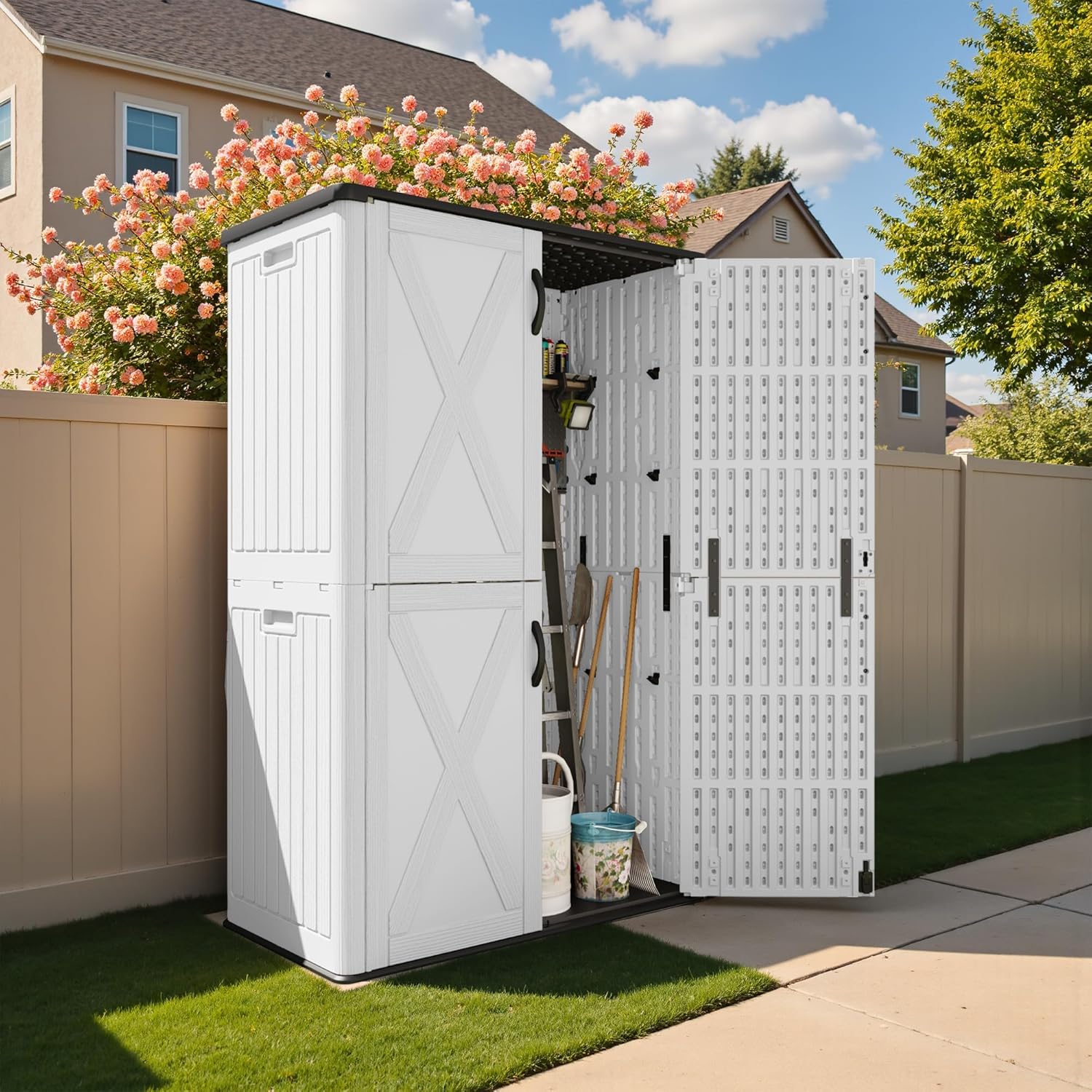 Devoko 50 Cu Ft Plastic Outdoor Storage Shed, Vertical Resin Storage Cabinet with Lockable Door, Durable Storage Shed for Patio Furniture, Pool Toys, Garden Tools, White, Shelf Not Included