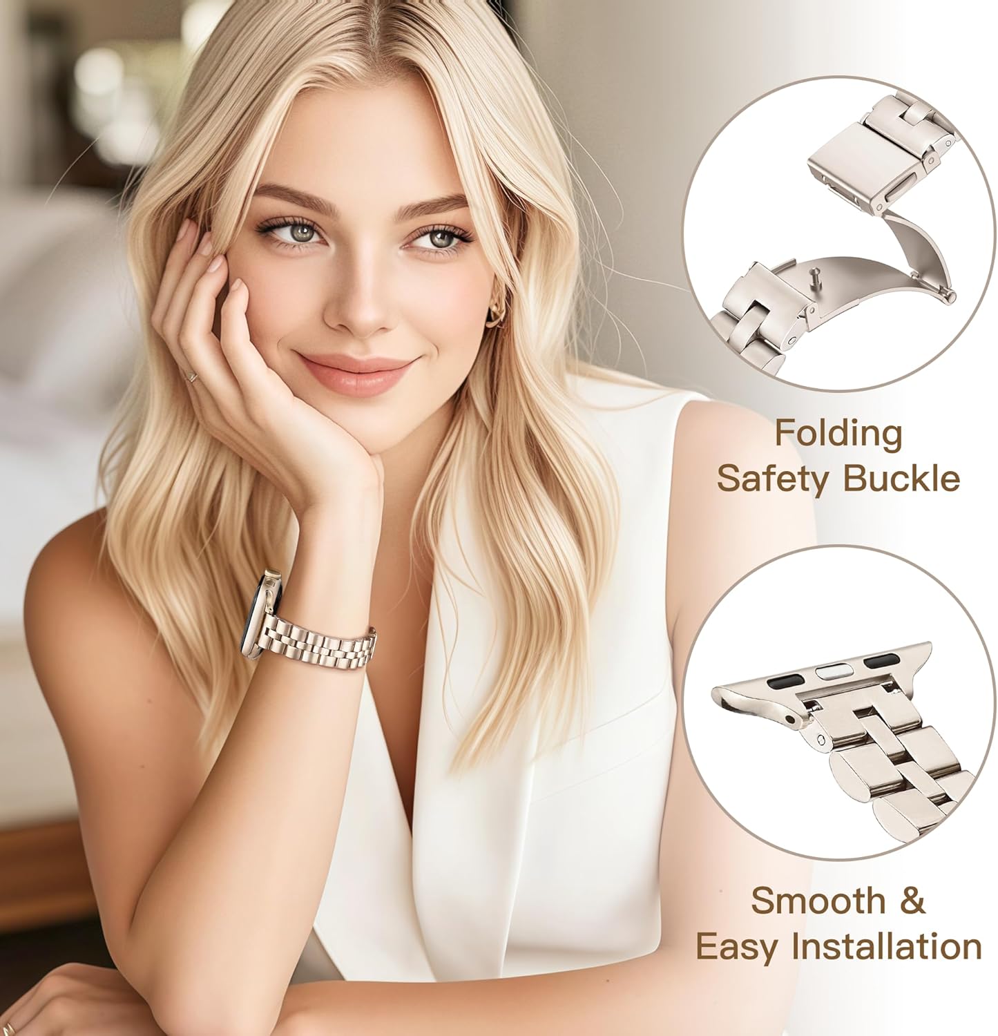 Slim Metal Band for Apple Watch Bands for Women 41mm 40mm 42mm(S10/11) 38mm iWatch Bands, Stainless Steel Thin Dressy Cute Strap for Apple Watch Band Series 11 10 9 8 SE 7 6 5 4 3-Starlight - Image 2