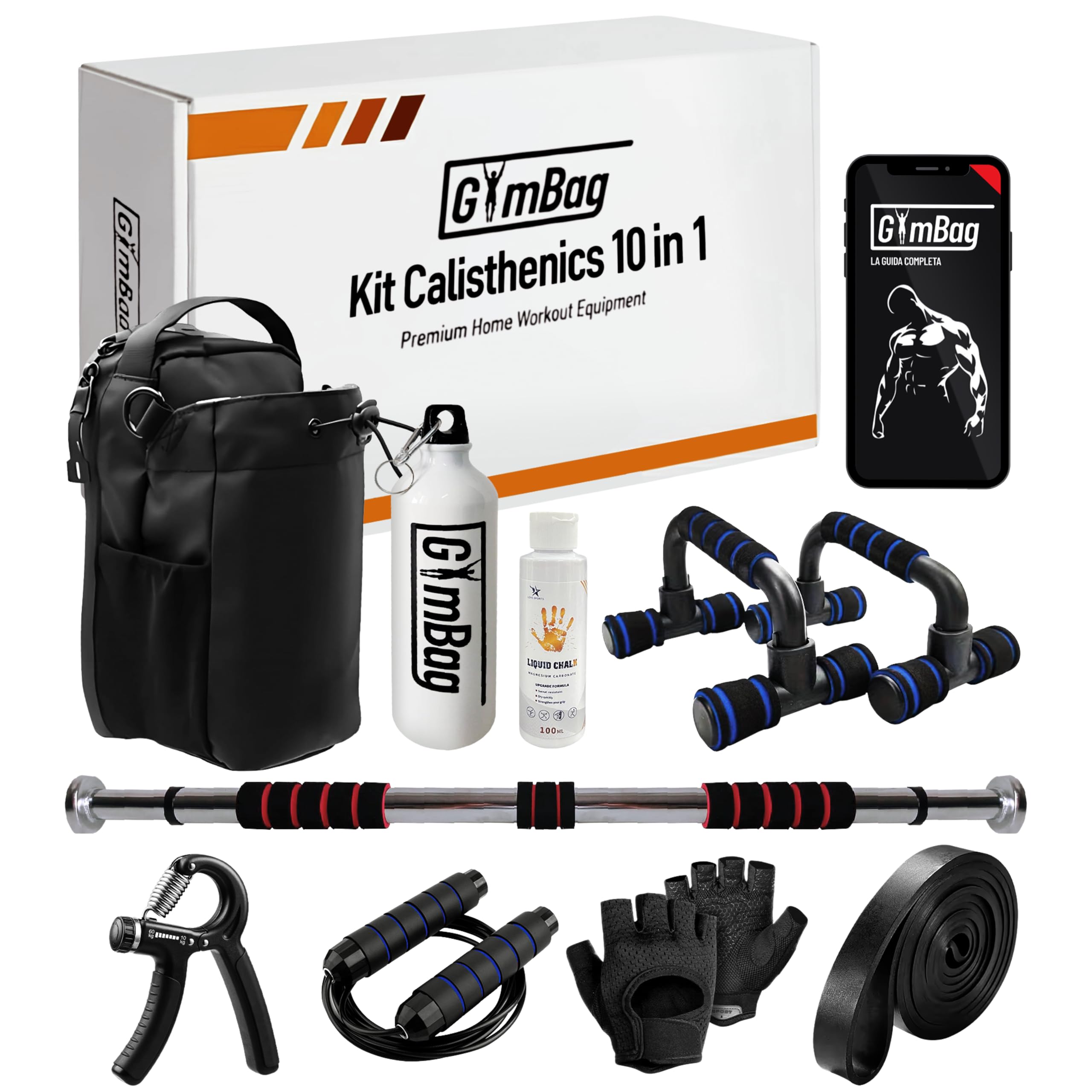 Kit Calisthenics 10 in 1 Completo per Allenamento Corpo Libero a Casa, con Sbarra per Trazioni e Guida Digitale